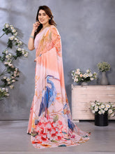 Peach Floral Organza Saree with Blue Bird Print | Elegant Party Saree