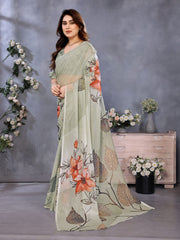 Sage Green Floral Organza Saree | Elegant Printed Party Wear Saree