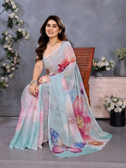 Floral Pastel Organza Saree with Butterfly Print – Elegant Party & Festive Wear