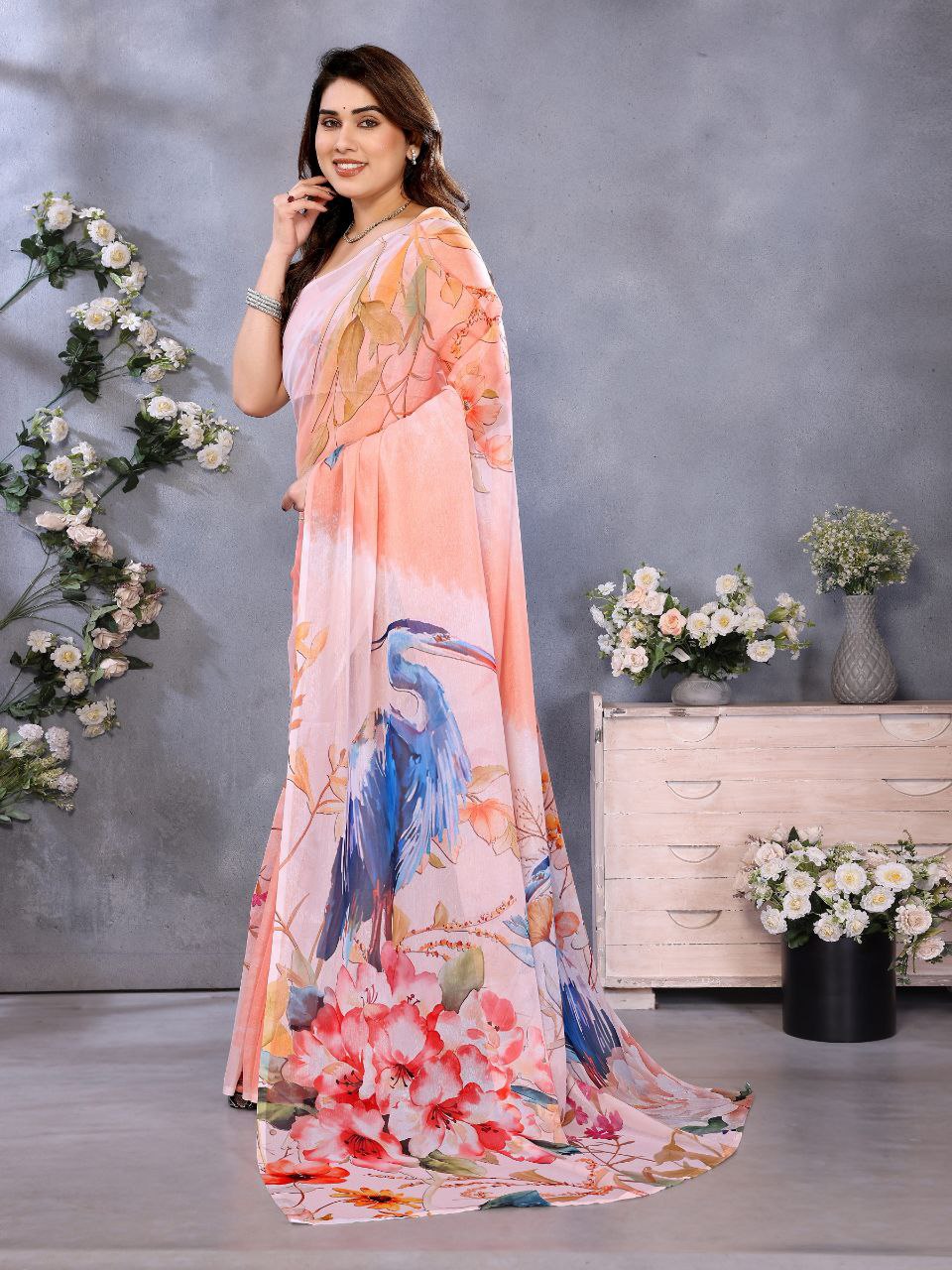 Peach Floral Organza Saree with Blue Bird Print | Elegant Party Saree