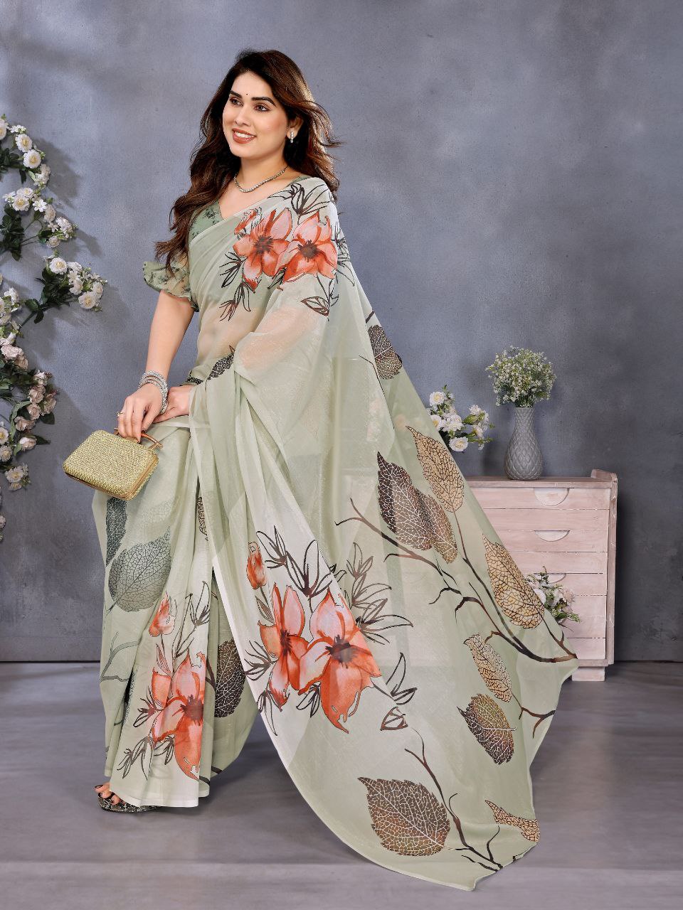 Sage Green Floral Organza Saree | Elegant Printed Party Wear Saree