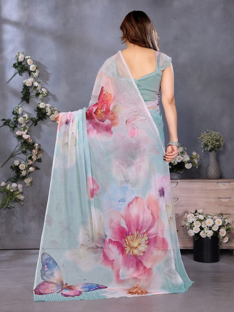 Floral Pastel Organza Saree with Butterfly Print – Elegant Party & Festive Wear
