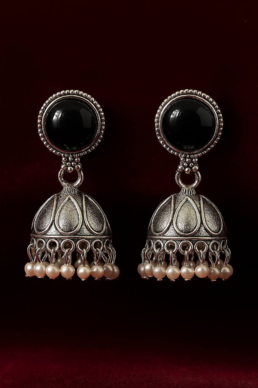 Oxidized silver jhumka earrings with round black stone stud and pearl drops – Untoto Jewelry