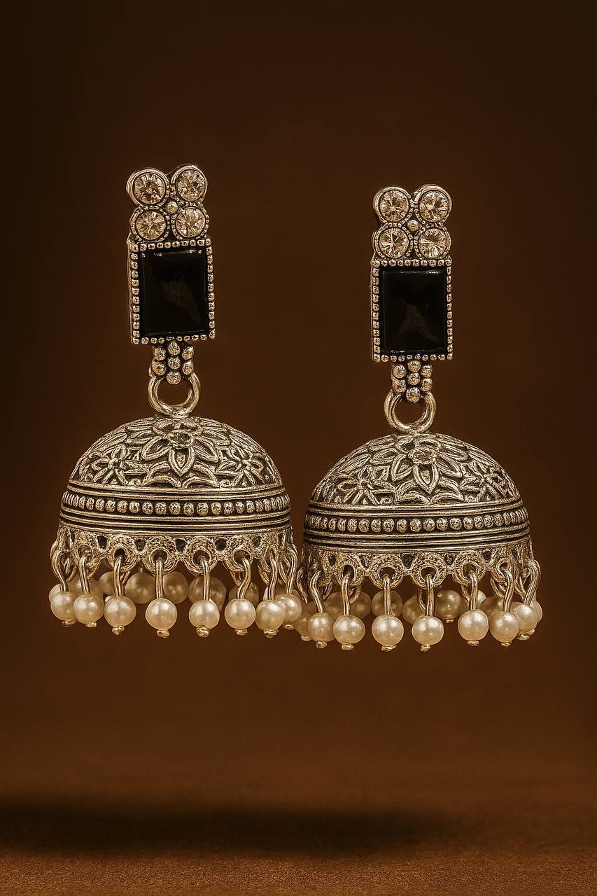Oxidized Silver Jhumka Earrings with Black Stone & Pearls | Untoto
