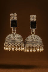 Oxidized Silver Jhumka Earrings with Black Stone & Pearls | Untoto