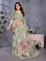 Sage Green Floral Organza Saree | Elegant Printed Party Wear Saree