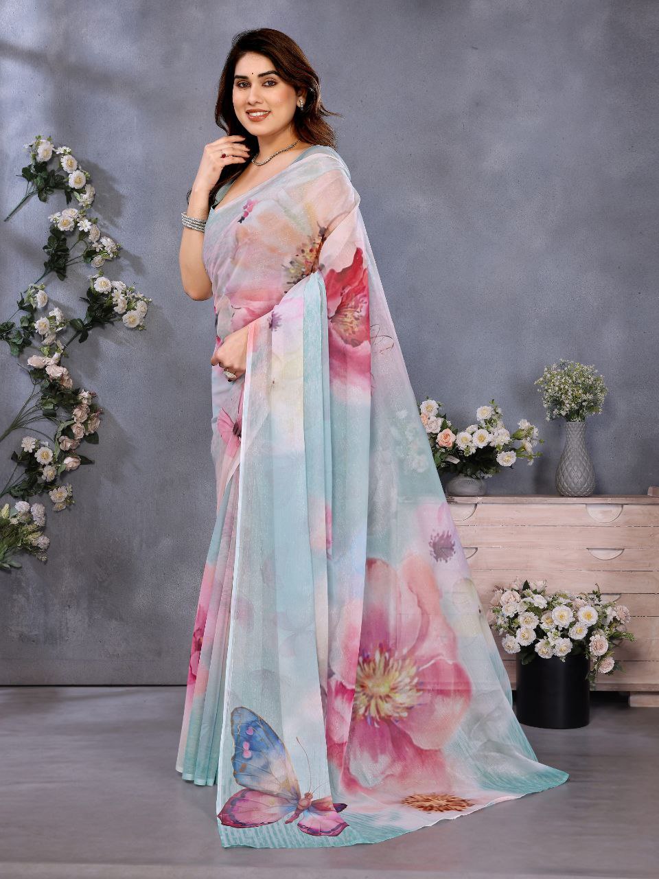 Floral Pastel Organza Saree with Butterfly Print – Elegant Party & Festive Wear