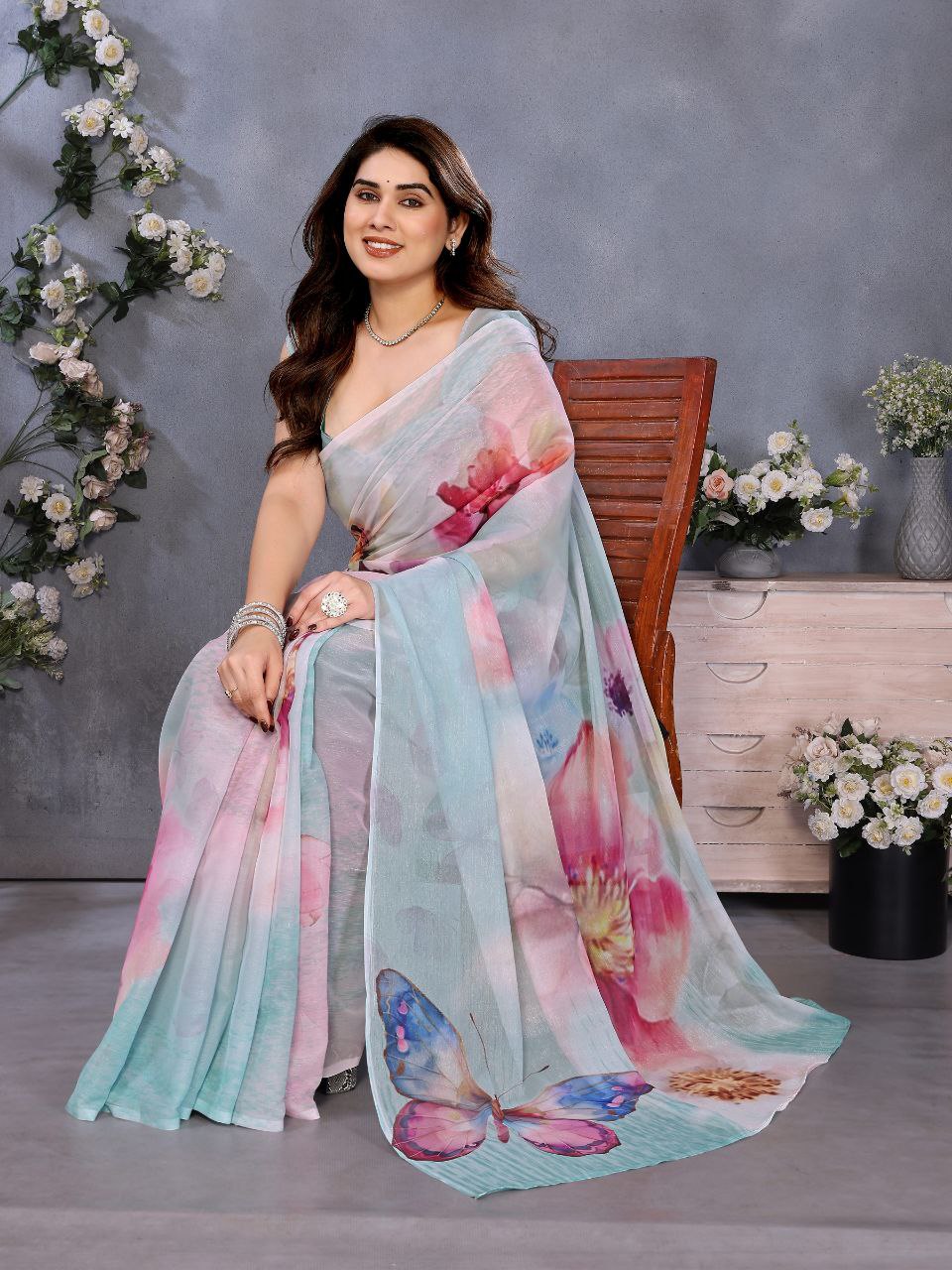 Floral Pastel Organza Saree with Butterfly Print – Elegant Party & Festive Wear