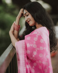 Hot Pink Cotton Saree for Women | Elegant Plain & Floral Woven Design | Daily Wear Traditional Saree