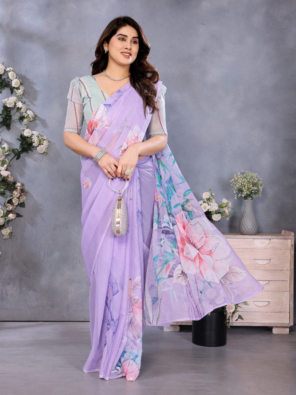 Lavender Floral Organza Saree | Lightweight Party Wear Saree