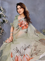Sage Green Floral Organza Saree | Elegant Printed Party Wear Saree