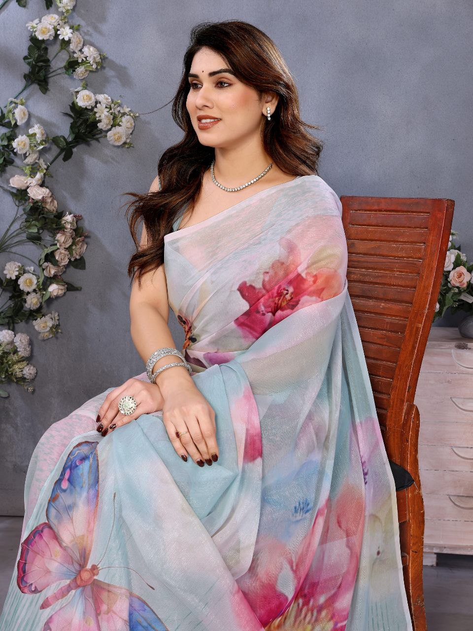 Floral Pastel Organza Saree with Butterfly Print – Elegant Party & Festive Wear