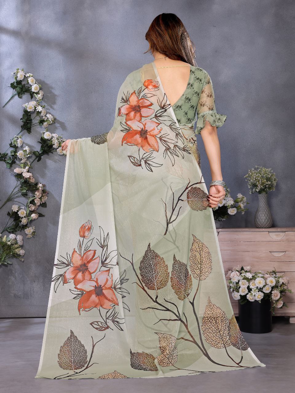 Sage Green Floral Organza Saree | Elegant Printed Party Wear Saree
