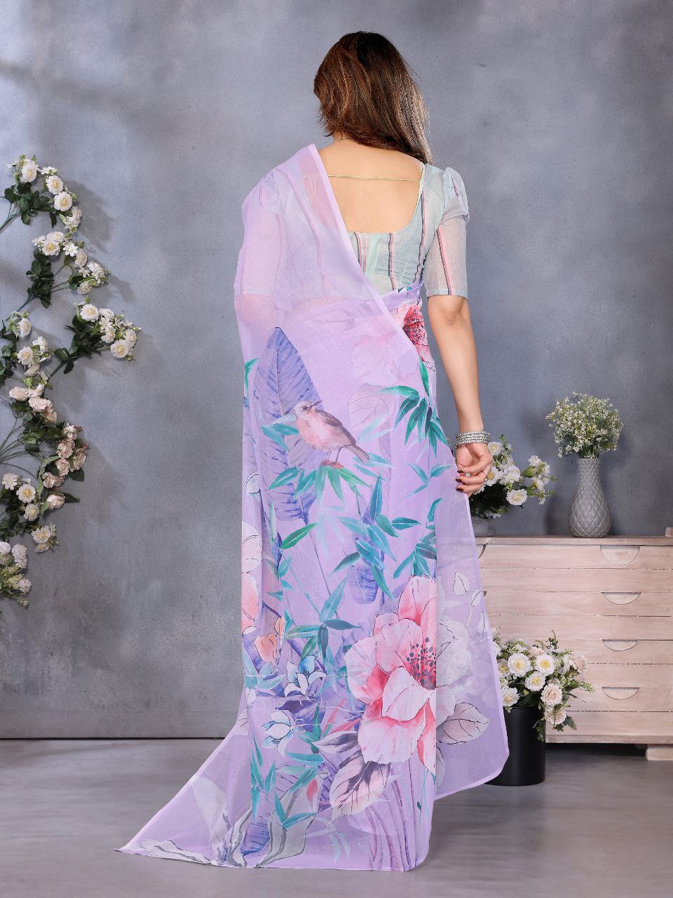 Lavender Floral Organza Saree | Lightweight Party Wear Saree