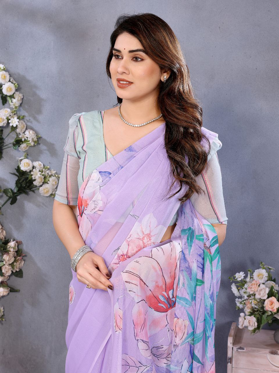 Lavender Floral Organza Saree | Lightweight Party Wear Saree
