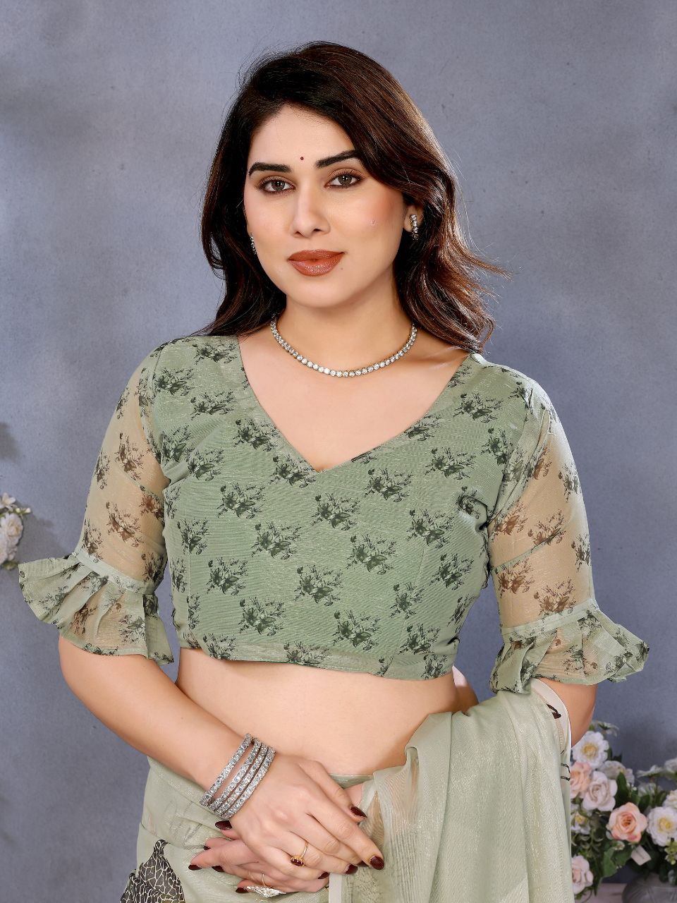 Sage Green Floral Organza Saree | Elegant Printed Party Wear Saree