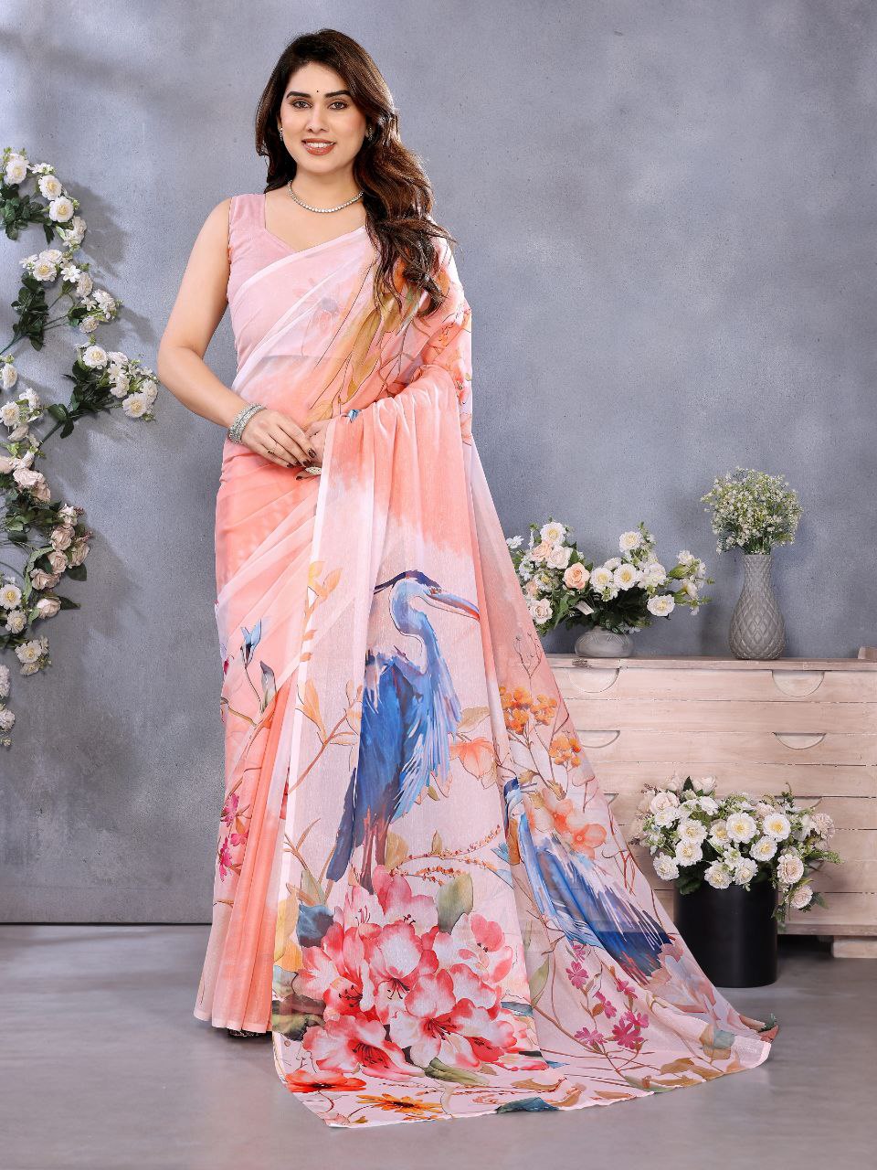 Peach Floral Organza Saree with Blue Bird Print | Elegant Party Saree