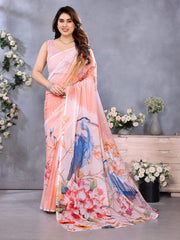 Peach Floral Organza Saree with Blue Bird Print | Elegant Party Saree