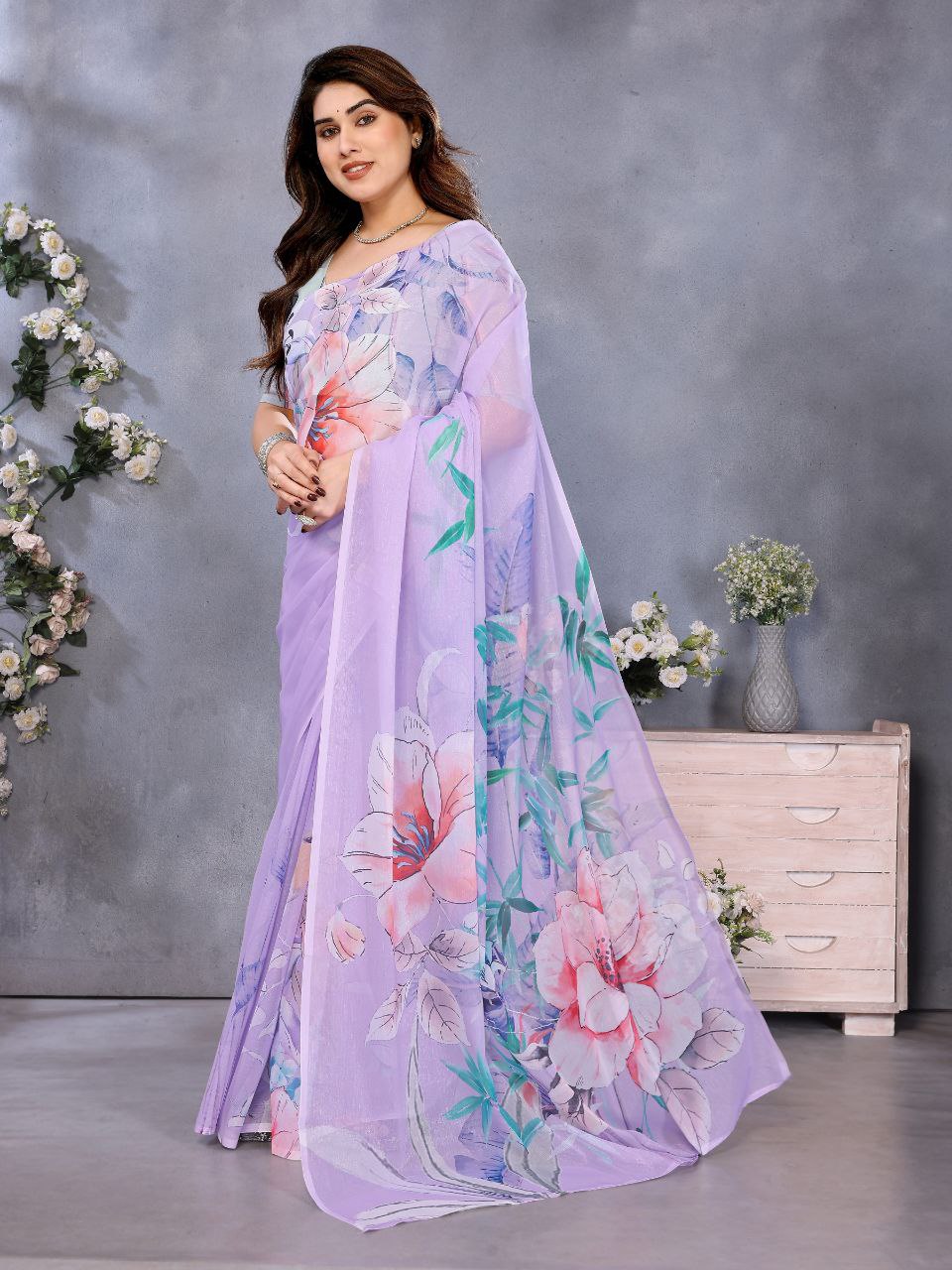 Lavender Floral Organza Saree | Lightweight Party Wear Saree
