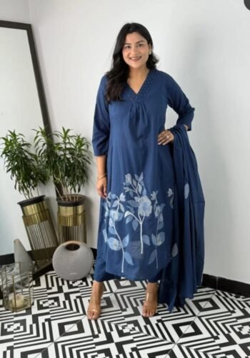 Navy Blue Cotton Kurti with Dupatta & Floral Embroidery – Elegant Ethnic Wear