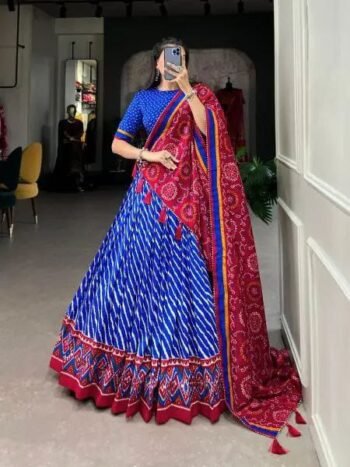 Blue & Red Bandhani Lehenga Choli with Dupatta – Traditional Navratri & Festive Wear