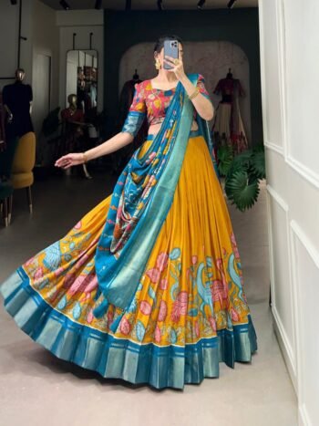 Mustard Yellow Lehenga Choli with Blue Dupatta & Floral Print – Designer Ethnic Wear