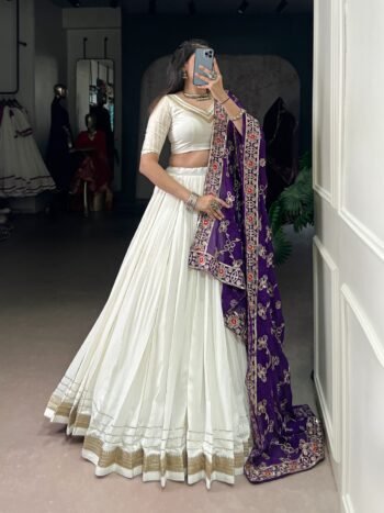 White Rayon Lehenga Choli with Purple Georgette Embroidered Dupatta – Catalogue CHUNRI