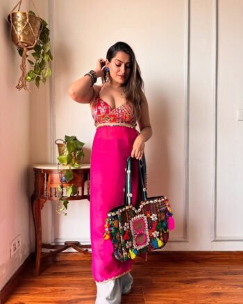 Pink Embroidered Kurti with Mirror Work Top – Festive Fusion Wear for Women